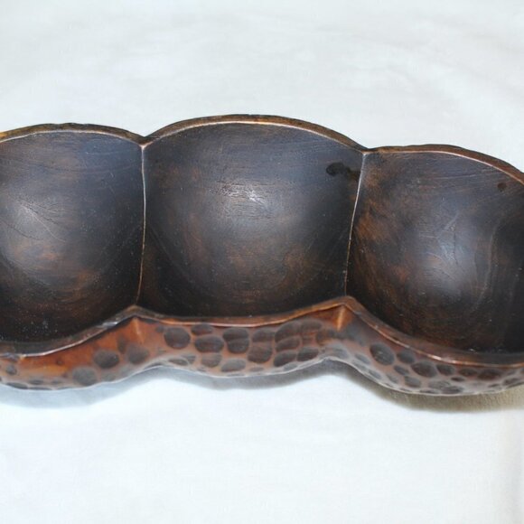 Vintage peanut shape fine wooden bowl carved animal print texture divided dish - Picture 10 of 10